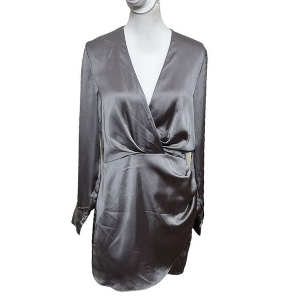 ZARA Faux Wrap Mini Dress Women’s Large Charcoal Grey Satin A-Line Night Out - Picture 2 of 13